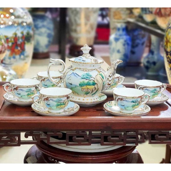 Bộ ấm chén cao cấp phú quý sơn thủy bổ khung vẽ màu AC27H