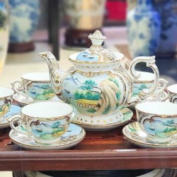 Bộ ấm chén cao cấp phú quý sơn thủy bổ khung vẽ màu AC27H