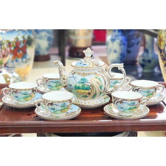 Bộ ấm chén cao cấp phú quý sơn thủy bổ khung vẽ màu AC27H