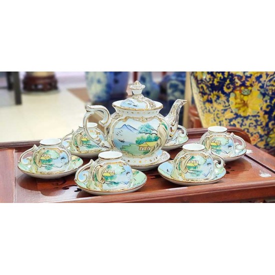 Bộ ấm chén cao cấp phú quý sơn thủy bổ khung vẽ màu AC27H