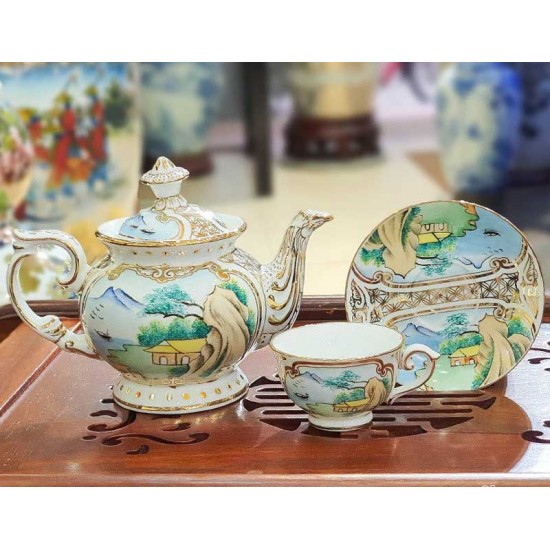 Bộ ấm chén cao cấp phú quý sơn thủy bổ khung vẽ màu AC27H