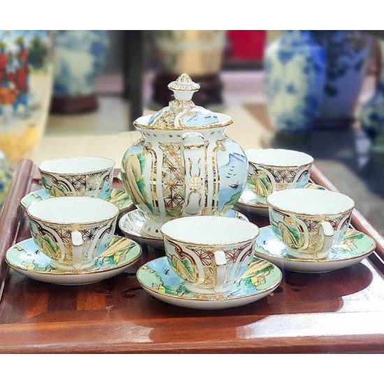 Bộ ấm chén cao cấp phú quý sơn thủy bổ khung vẽ màu AC27H