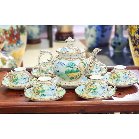 Bộ ấm chén cao cấp phú quý sơn thủy bổ khung vẽ màu AC27H