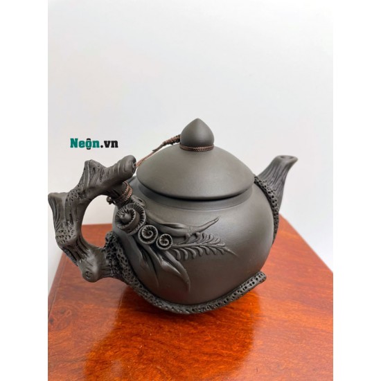 Bộ ấm chén đất nung Bát Tràng đắp nổi hoa lan AC01A