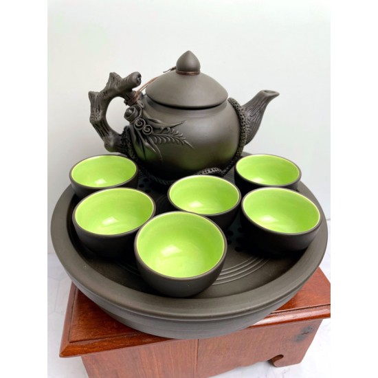 Bộ ấm chén đất nung Bát Tràng đắp nổi hoa lan AC01A