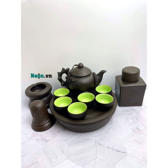 Bộ ấm chén đất nung Bát Tràng đắp nổi hoa lan AC01A