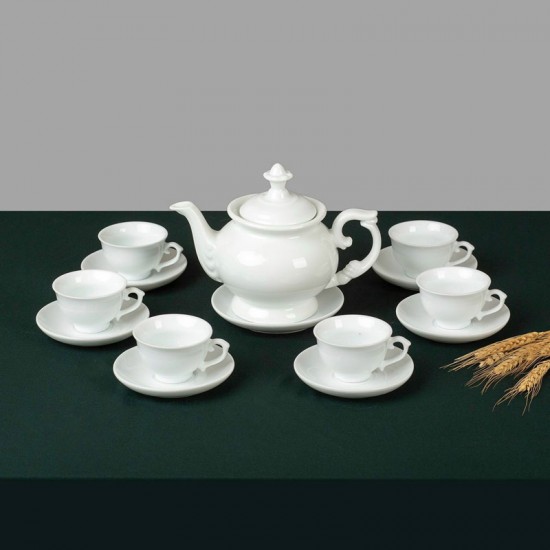 Bộ ấm trà sứ trắng Bát Tràng dáng cát tường AC76