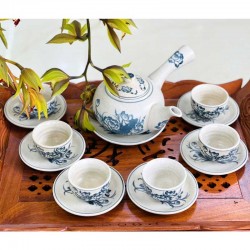 Bộ ấm chén men rạn quai ngang vẽ hoa sen AC06C