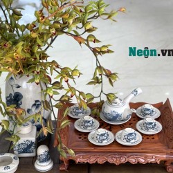 Bộ ấm chén men rạn quai ngang vẽ hoa sen AC06C