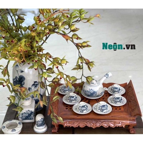 Bộ ấm chén men rạn quai ngang vẽ hoa sen AC06C