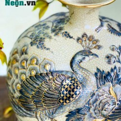Bình hút tài lộc men rạn vẽ vàng Chim công - hoa mẫu đơn BL06A