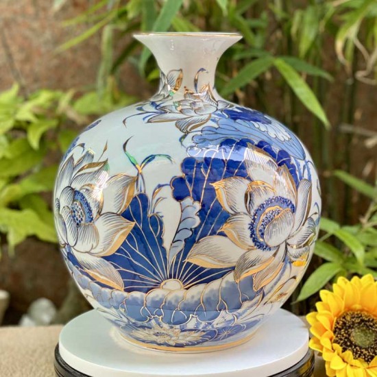 Bình hút lộc Bát Tràng hoa sen phú quý vẽ vàng cao 30cm BL14G