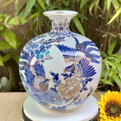 Bình hút tài lộc chim trĩ hoa đào như ý vẽ vàng Bát Tràng cao 30cm BL23A