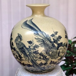 Bình hút tài lộc vẽ kỹ Hoa phù dung - chim trĩ Bát Tràng men rạn BL23B