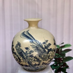 Bình hút tài lộc vẽ kỹ Hoa phù dung - chim trĩ Bát Tràng men rạn BL23B