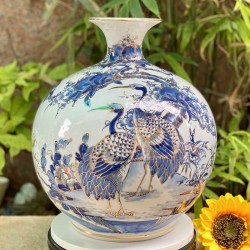 Bình hút tài lộc chim hạc hoa đào vẽ vàng Bát Tràng cao 30cm BL34