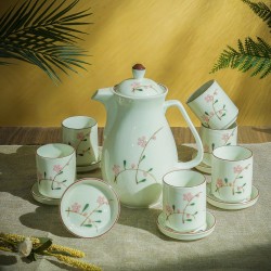 Bộ bình nước sứ Bát Tràng men kem vẽ hoa đào phai Bộ bình nước sứ Bát Tràng men kem vẽ hoa đào phai