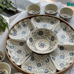 Bộ bát đĩa hoa mặt trời men lam vẽ rồng phượng DA03C