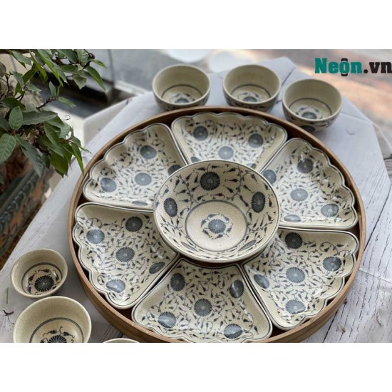 Bộ bát đĩa hoa mặt trời men rạn vẽ hoa đồng tiền DA01