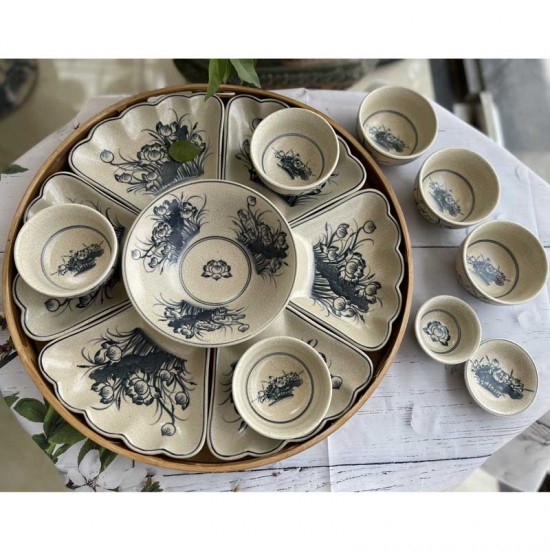 Bộ bát đĩa hoa mặt trời men rạn vẽ hoa sen DA02 Bộ bát đĩa hoa mặt trời men rạn vẽ hoa sen DA02