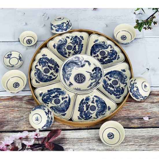 Bộ đồ ăn hoa mặt trời men rạn xanh bóng vẽ rồng phượng DA03