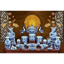 Bộ đồ thờ gia tiên đầy đủ Bát Tràng men lam hoa sen vẽ tay 16 món DT22A