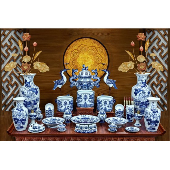 Bộ đồ thờ gia tiên đầy đủ Bát Tràng men lam hoa sen vẽ tay 16 món DT22A