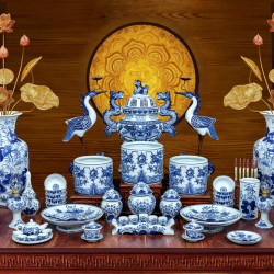 Bộ đồ thờ 3 bát hương men lam Bát Tràng 15 món hoa sen vẽ tay DT22B