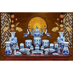 Bộ đồ thờ 3 bát hương men lam Bát Tràng 15 món hoa sen vẽ tay DT22B