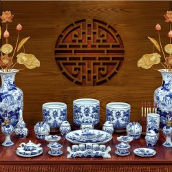 Bộ đồ thờ Bát Tràng men lam hoa sen vẽ tay 16 món DT26