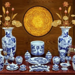 Bộ đồ thờ men lam Bát Tràng hoa sen vẽ tay 13 món DT27