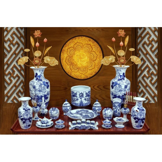 Bộ đồ thờ men lam Bát Tràng hoa sen vẽ tay 13 món DT27