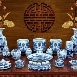 Bộ đồ thờ 3 bát hương men lam Bát Tràng hoa sen vẽ tay 13 món DT28