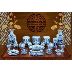 Bộ đồ thờ 3 bát hương men lam Bát Tràng hoa sen vẽ tay 13 món DT28