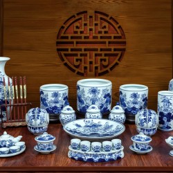 Bộ đồ thờ 3 bát hương Bát Tràng hoa sen  men lam vẽ tay 13 món DT29