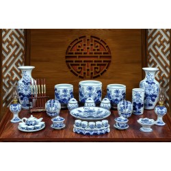 Bộ đồ thờ 3 bát hương Bát Tràng hoa sen  men lam vẽ tay 13 món DT29