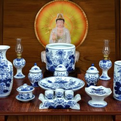 Bộ đồ thờ cơ bản Bát Tràng hoa sen men lam vẽ tay 9 món DT30