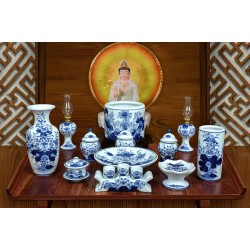 Bộ đồ thờ cơ bản Bát Tràng hoa sen men lam vẽ tay 9 món DT30