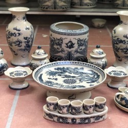 Bộ đồ thờ men rạn Bát Tràng rồng chầu mặt nguyệt DT24A