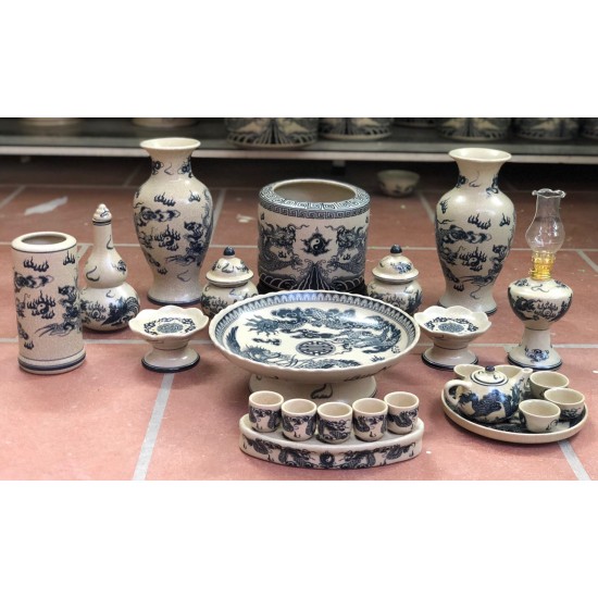 Bộ đồ thờ men rạn Bát Tràng rồng chầu mặt nguyệt DT24A