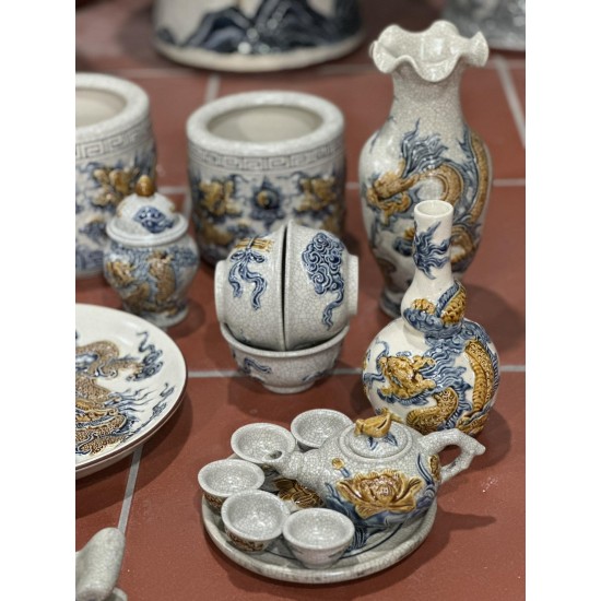 Bộ đồ thờ ban treo tường men rạn đắp nổi rồng vàng Bát Tràng DT36