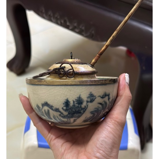 Điếu bát mini giả cổ men rạn vẽ sơn thủy số 2 Điếu bát mini giả cổ men rạn vẽ sơn thủy số 2