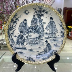 Đĩa gốm sứ trang trí trúc lâm thất hiền bọc đồng Bát Tràng D08B Đĩa gốm sứ trang trí trúc lâm thất hiền bọc đồng Bát Tràng D08B