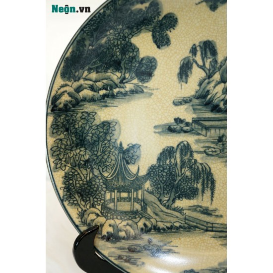 Đĩa gốm sứ trang trí men rạn sơn thủy hữu tình D17