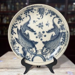 Đĩa gốm sứ men rạn Bát Tràng song ngư vọng nguyệt D01 Đĩa gốm sứ men rạn Bát Tràng song ngư vọng nguyệt D01