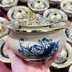 Điếu bát Bát Tràng men rạn vẽ sen bọc đồng DB33B Điếu bát Bát Tràng men rạn vẽ sen bọc đồng DB33B