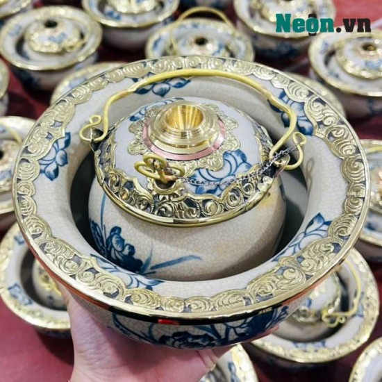 Điếu bát Bát Tràng men rạn vẽ sen bọc đồng DB33B Điếu bát Bát Tràng men rạn vẽ sen bọc đồng DB33B