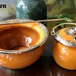 Điếu bát men hoa vàng bóng bọc đồng Bát Tràng DB39 Điếu bát men hoa vàng bóng bọc đồng Bát Tràng DB39