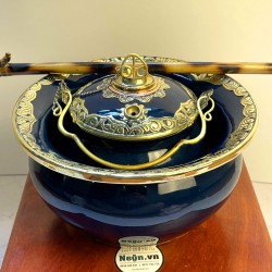 Điếu bát đẹp men xanh đen bọc đồng DB26