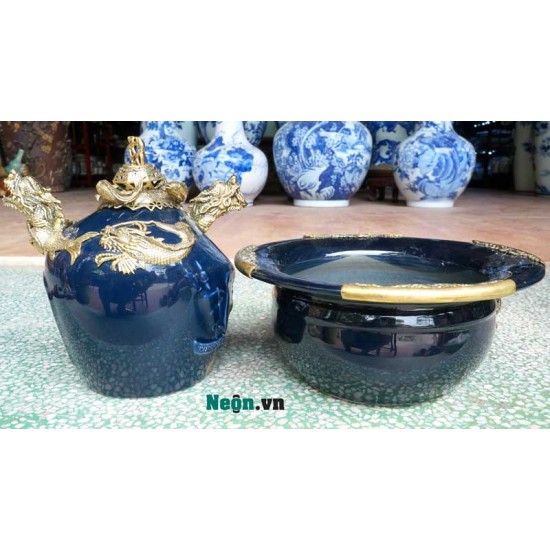 Điếu bát Chivas xanh cô ban họa tiết cá chép hóa rồng DB242 Điếu bát Chivas xanh cô ban họa tiết cá chép hóa rồng DB242